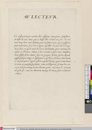 Livre d'Architecture d'Autels, et de Cheminées, AV LECTEVR [An den Leser]