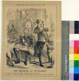 Karikatur aus dem "Punch" auf das Stuttgarter Zwei-Kaiser-Treffen zwischen Kaiser Napoleon III. und Zar Alexander II. nach dem Ende des Krimkrieges (in englischer Sprache)