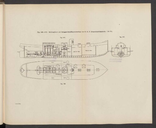 Fig. 308-310. Schleppboot mit Sauggas-Schiffsmotoranlage der S. G. F. Düsseldorf-Reisholz.