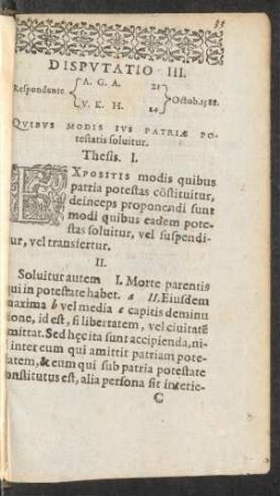 Disputatio III. ... Quibus Modis Ius Patriae Potestatis solvitur.