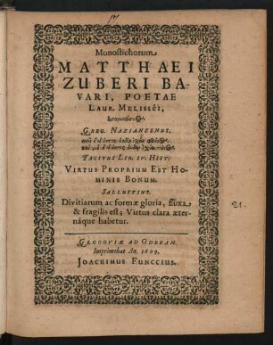 Monostichorum Matthaei Zuberi Bavari, Poetae Laur. Melissei, asaminthiskos