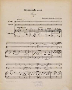 Drei russische Lieder von Glinka : für Violine, Altgeige (Viola alta) und Pianoforte