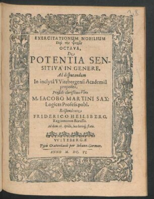 Exercitationum Nobilium Peri tēs Psychēs Octava, De Potentia Sensitiva In Genere