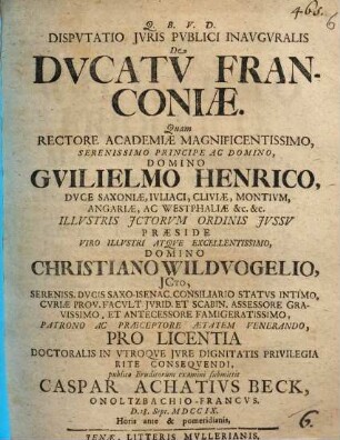 Dispvtatio Jvris Pvblici Inavgvralis De Dvcatv Franconiæ