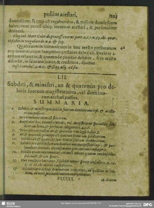 LII. Subditi, & ministri, an & quatenùs pro debitis suorum magistratuum, vel dominorum arestari possint