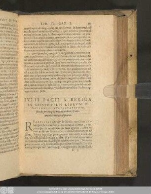Iulii Pacii A Beriga In Aristotelis Librum II. Naturalis Auscultationis, seu de principiis naturalibus, Commentarius analyticus.
