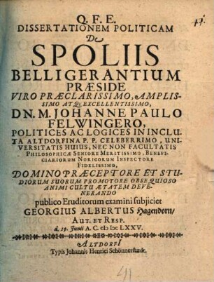 Diss. polit. de spoliis belligerantium