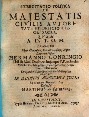 Exercitatio polit. de maiestatis civilis autoritate et officio circa sacra