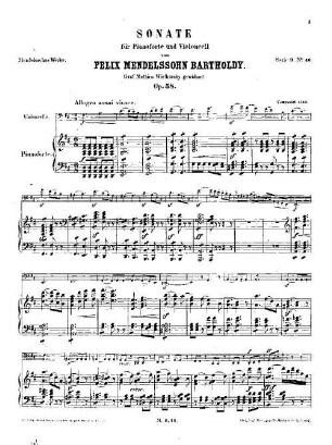 Felix Mendelssohn-Bartholdys Werke. 9,46. Nr. 46, Sonate für Pianoforte und Violincell : op. 58 in D. - 35 S. - Pl.-Nr. M.B.46