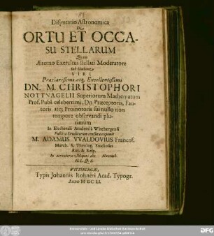 Disputatio Astronomica De Ortu Et Occasu Stellarum