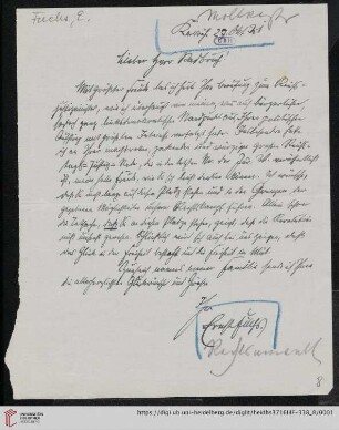 Nachlass Gustav Radbruch. Korrespondenz Ernst Fuchs/Gustav Radbruch: Brief von Ernst Fuchs an Gustav Radbruch