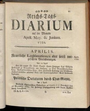 Reichs-Tags-Diarium auf die Monate April. May. & Junium. 1780.