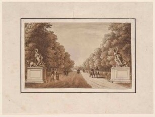 Hauptallee im Großen Garten mit den beiden Marmorskulpturen von Antonio Corradini (ursprünglich im Japanischen Palais), Blick stadteinwärts nach Nordwesten