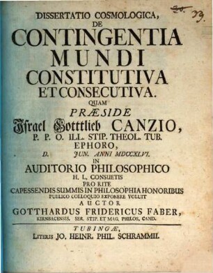 Dissertatio Cosmologica, De Contingentia Mundi Constitutiva Et Consecutiva