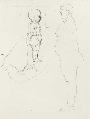 Säugling ohne Arme, seitlich Proportionszahlen und dicke Frau ohne Arme : Dresdner Skizzenbuch (1507/1528). äugling ohne Arme, seitlich Proportionszahlen und dicke Frau ohne Arme (aus: R. Bruck: Das Skizzenbuch von Albrecht Dürer, Straßburg 1905, Tafel 82, Blatt 165 b, Str. 22, Kriegsverlust). Dresden: SLUB Mscr.Dresd.R.147.f