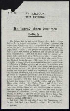 An irgend einen deutschen Soldaten : Wir hoffen, daß ihr euch eures Sieges erfreut habt ...