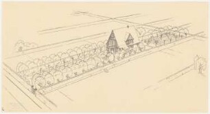 Garten Bergmann, Schneverdingen: Perspektivische Ansicht (Vogelschau) des Gartens mit Wohnhaus