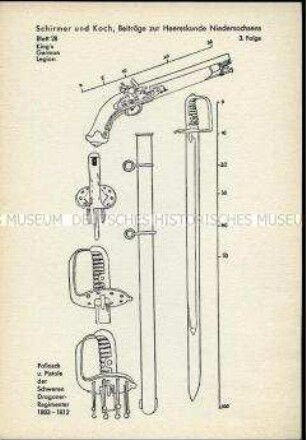 Waffendarstellung, Detailstudie Pallasch und Pistole des Schweren Dragoner-Regiments der Königlich Deutschen Legion, Kurfürstentum Hannover, 1803/1812