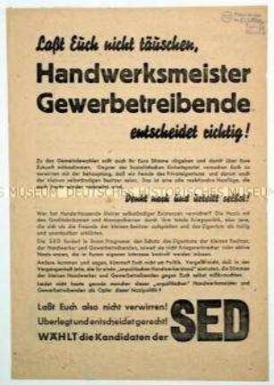 Wahlaufruf der SED mit Ausrichtung auf die Handwerker und Gewerbetreibenden