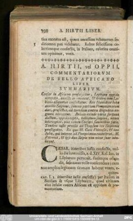 A. Hirtii, vel Oppii Commentariorum De Bello Africano Liber.