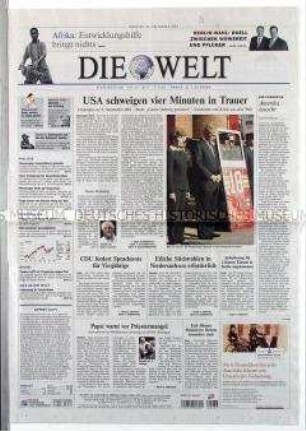 Tageszeitung "Die Welt" u.a. zum Besuch des Papstes in Deutschland und zum Gedenken an die Terroranschläge vom 11. September 2001 in den USA