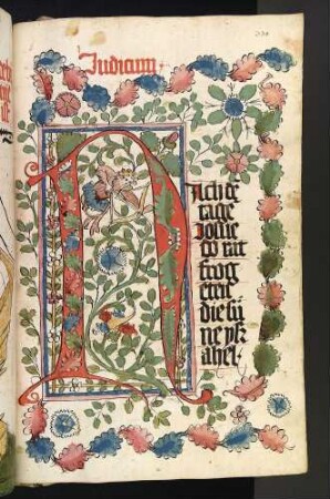 Initiale M mit Bogenschützen und Rankenwerk im Buchstabeninnern