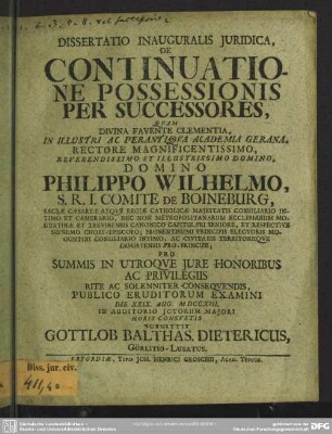 Dissertatio Inauguralis Iuridica, De Continuatione Possessionis Per Successores