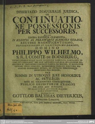 Dissertatio Inauguralis Iuridica, De Continuatione Possessionis Per Successores