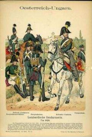 Uniformdarstellung, Offizier und Gemeine der Lombardischen Gendarmerie zu Fuß, Gemeine der Lombardischen Gendarmerie zu Pferde, Kaiserreich Österreich-Ungarn, um 1820.