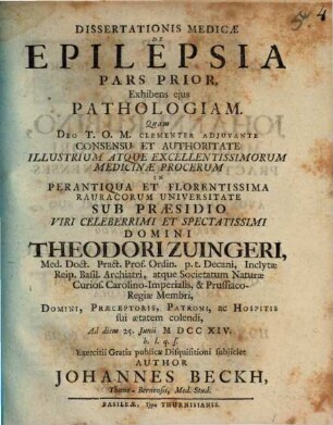 Dissertationis med. de epilepsia, Pars prior. Exhibens eius pathologiam