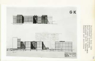 Gewerbebauten, Berlin-Kreuzberg (Diplomarbeit bei Kurt Dübbers): Ansicht von der Ritterstraße und Schnitt 1:200