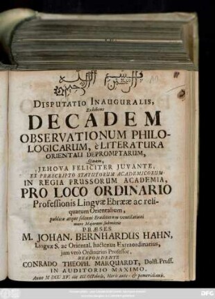 ... Disputatio Inauguralis, Exhibens Decadem Observationum Philologicarum, è Literatura Orientali Depromptarum