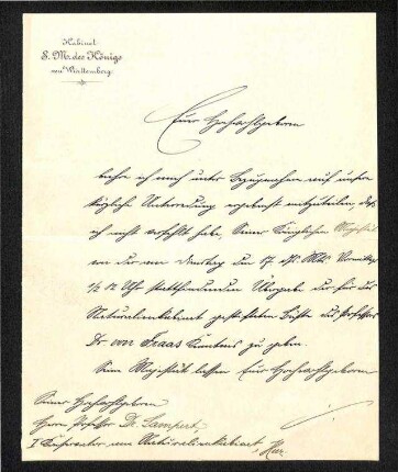 Brief von Kabinet S. N. des Königs von Württemberg
