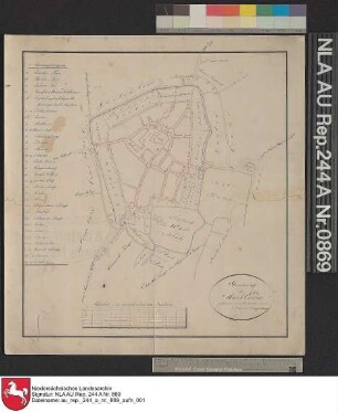 Grundriß der Stadt ESENS Kolorierte Zeichnung von Börner Papier auf Leinen Format 38,5x36,0 M 1:3.000