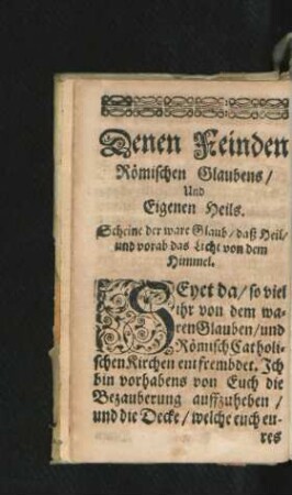 Denen Feinden Römischen Glaubens/ Und Eigenen Heils.