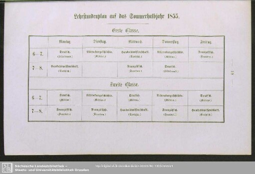 Lehrstundenplan auf das Sommerhalbjahr 1855