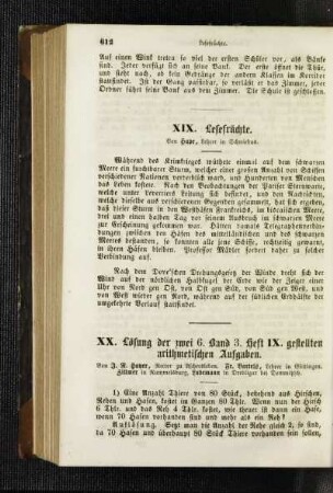 Lösung der zwei 6. Band 3. Heft IX. gestellten arithmetischen Aufgaben