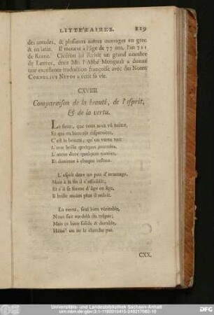 CXVIIII. Comparaison de la beauté, de l'esprit, & de la vertu.