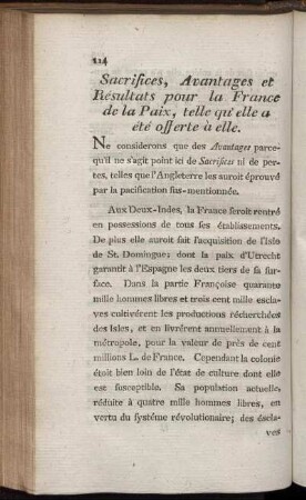 Sacrifices, Avantages et Résultats pour la France de la Paix, telle qu'elle a été offerte à elle.