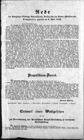 Rede des Königlichen Landtags=Kommissarius, Vorsitzenden des Staats=Ministeriums, Camphausen, gehalten am 2. April 1848. (Sammlung Friedlaender)