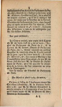 Arrestés Et Arrest Du Parlement Séant A Rouen : Extrait Des Registres Du Parlement. Du Vendredi 2 Avril 1762