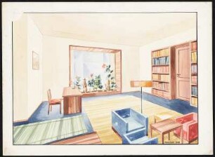 Schreibtisch mit Stuhl, Tisch mit 3 Sesseln und 1 Hocker, Stehlampe, Bücherregale mit Türüberbau 6-etagig, Deko
