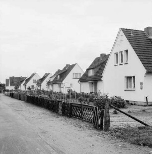 Lohe: Neubausiedlung: Reihe von Einfamilienhäusern mit Vorgärten und Jägerzaun