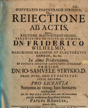 Disp. inaug. iur. de reiectione ab actis
