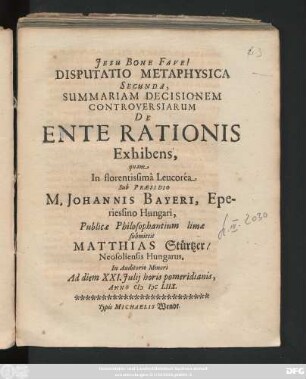 Disputatio Metaphysica Secunda, Summariam Decisionem Controversiarum De Ente Rationis Exhibens