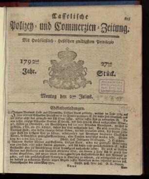 27tes Stueck, Montag den 2ten Julius. 1792
