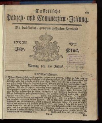 27tes Stueck, Montag den 2ten Julius. 1792