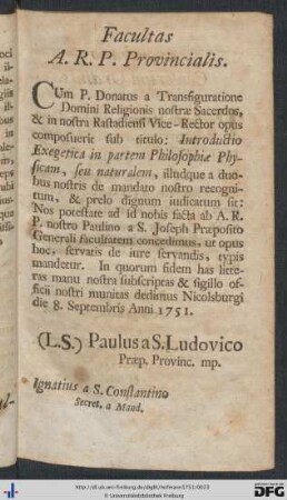 Facultas A. R. P, Provincialis; Approbatio Censorum Ordinis.