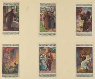 Sechs Reklame-Bilder von "Chocolade Mauxion" mit Szenen aus Goethes Faust I