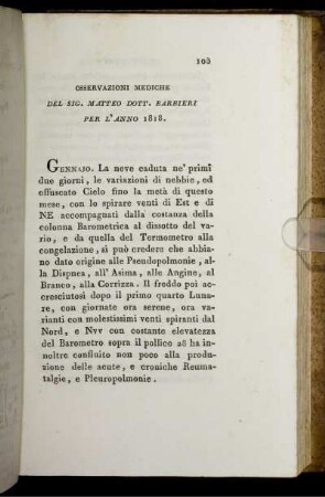 Osservazioni Mediche Del Sig. Matteo Dott. Barbieri Per L' Anno 1818.